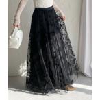 スカート Aライン フレアロング丈 花柄 ボリューム チュールスカート / プリーツスカート