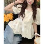 tシャツ 小花柄刺繍ペプラムトップス レディース