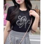 ショッピングイニシャル ニット セーター イニシャルビジューロゴ半袖リブニット レディース