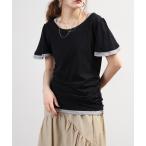 tシャツ フレア袖シャーリングバイカラーカットソー 半袖 レディース