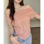 ニット セーター オフショルダーウエストシャギーサマーニット半袖トップス レディース