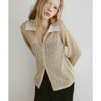 ニット セーター 透かし編みバイカラーポロトップス レディース