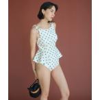 水着 ハイネックWリボンフレア＆ショーツ ドット柄 オフホワイト スイムウェア / 水着 レディース
