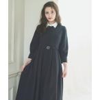 ワンピース リボンタイ付き白襟タックフレアワンピース