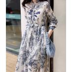 ワンピース ハイネックウエスト絞り花柄ワンピース