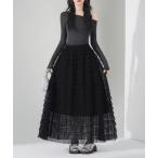 スカート ドット柄チュールティアードフリルロングスカート