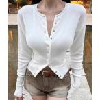 tシャツ クルーネックリングスナップリブニットカーディガン レディース