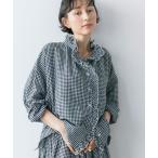 ショッピング綿 ブラウス シャツ 「natural by clip」リネン混チェックフリルブラウス レディース