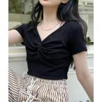 tシャツ フロント ツイスト Vネック コンパクト 半袖 カットソー レディース