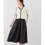 ショッピングミモレ丈 ワンピース メタル釦布帛ドッキングハーフスリーブニットワンピース