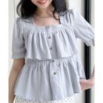 tシャツ 透かし編み スクエアネックパフスリーブ フレアカットソー レディース
