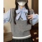 ニット セーター レイヤード風リボンタイストライプシャツ×ニットベスト トップス レディース