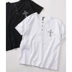 tシャツ 「82」クロスワンポイント ラインストーン テレコリブ ヘンリーネックTシャツ/ユニセックス/レディース/メンズ メンズ レディース