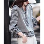 tシャツ チェックシャツ×ニットベストレイヤード風トップス レディース