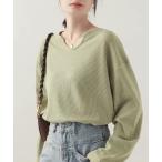 tシャツ 「シンプルでこなれ感」ワッフル素材 キーネック長袖プルオーバー ゆったりシルエット レディース
