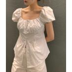 ブラウス シャツ コットン スクエアネック パフスリーブブラウス バックリボン 半袖 すっきりシルエット レディース