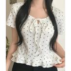 tシャツ ドット柄 リボンネック フレア半袖Ｔシャツ レディース