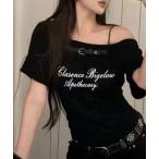 tシャツ 「26年春夏新作」フロントベルトデザイン レタリングロゴ半袖Tシャツ レディース