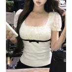 tシャツ フロントリボン　レース切り替えショートtシャツ レディース