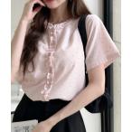 tシャツ 立体ドット柄 フリル前立て クルーネック 半袖 カットソー レディース