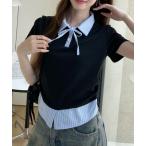 tシャツ レイヤード風 ストライプ シャツ襟 ドッキング ポロ カットソー レディース