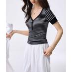 tシャツ ボーダー柄Vネックヘンリーネックトップス レディース