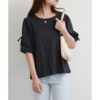 スマホショルダー tシャツ リボン付き袖ブラウス風カットソー 半袖 レディース