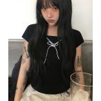 tシャツ フロントリボン　レース切り替えデザイン　tシャツ レディース