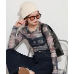 tシャツ ニュースペーパー総柄 シアーメッシュ ロングスリーブ クロップドプルオーバー レディース