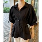 ブラウス シャツ きゅっとウエストマーク。袖リボン付ボリュームスリーブシャツブラウス レディース