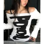 tシャツ 英字ロゴTシャツ オフショルダートップス レディース