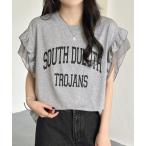 tシャツ 「接触冷感/脇見せ防止」ひんやり冷たい半袖フリルカレッジ風英字ロゴTシャツ レディース レディース