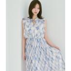 ワンピース フラワーチェックプリントプリーツ切替ワンピース