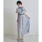 ワンピース オープンショルダーチェックプリーツロングワンピース