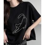tシャツ 線画ネコプリント ドロストルーズTee/Tシャツ レディース