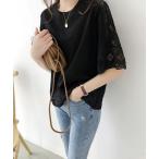 tシャツ 袖レース切り替え5分袖Tシャツカットソー レディース