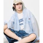 ブラウス シャツ FRUIT OF THE LOOM × FREAK'S STORE/フルーツオブザルーム 別注 シアー ストライプ フードシャツ