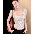 tシャツ 花柄総レース U ネック半袖トップス レディース