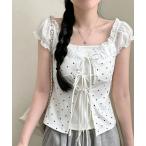 tシャツ フロントリボンレイヤード風ドットトップス レディース