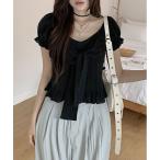 tシャツ フロント絞りパフスリーブ半袖ブラウス レディース