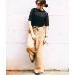 パンツ リネン＆デニム ウエストリボン付きワイドパンツ