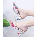 サンダル 花柄チャンキーヒールサンダルミュール レディース