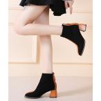 ブーツ 配色バックジップスエード調チャンキーヒールショートブーツ