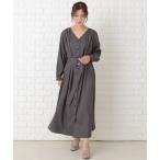 ワンピース Vネックベルト付き長袖ワンピースドレス
