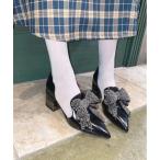 パンプス ビッグリボンラインストーンヒールシューズ