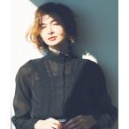 ショッピング体型カバー ブラウス シャツ オーガンジーレース　デザインブラウス ｜ 長袖 スタンドカラー トップス 体型カバー オフィスカジュアル 通勤服 華やか レース シ