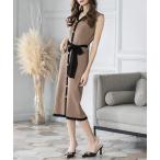 ワンピース ウエストリボン付きパイピングニットワンピース/21077