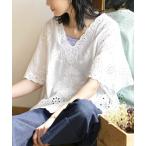 ショッピングイーザッカマニアストアーズ ブラウス シャツ 「繊細な総レースで上品に仕上げる。」 コットンスカラップレース Vネックボクシーブラウス レディース