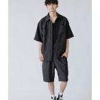 セットアップ リネン麻調シャンブレー / オーバーサイズ CPOシャツ ＆ ハーフパンツ ＆ 巾着 セットアップ 3点セット