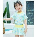 水着 キッズ水着 半袖デイジー柄トップス+フレアスカート 上下2点セット キッズ 子供 女の子